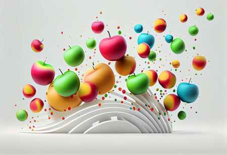 3d illustration of many multicolored apples falling on white background, generative aiの素材