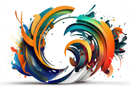 Dynamic, swirling, multicolored brush stroke on white bakground, generative aiの素材
