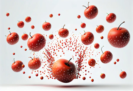 3d illustration of many apples falling on white background, generative aiの素材