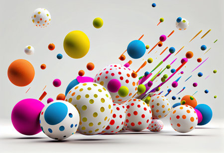 3d illustration of many colorful balls falling on white background, generative aiの素材