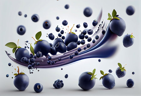3d illustration of many bluberries falling on white background, generative aiの素材
