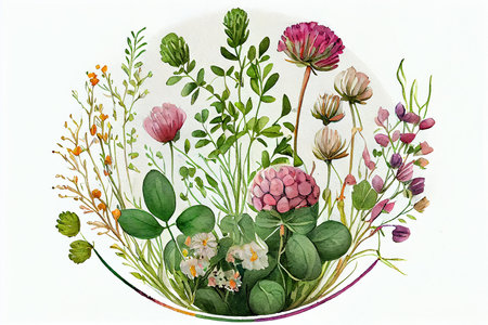 Watercolor wildflowers and clover round composition on white background, generative aiの素材
