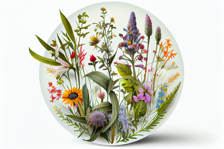 Watercolor wildflowers and clover round composition on white background, generative aiの素材