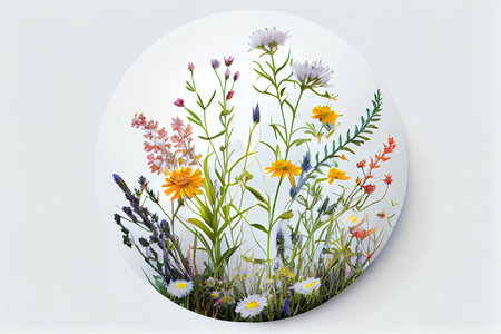 Watercolor wildflowers and clover round composition on white background, generative aiの素材