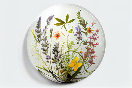 Watercolor wildflowers and clover round composition on white background, generative aiの素材