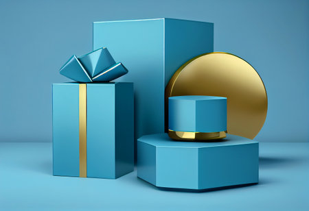 Blue podium with blue gift boxes and gold ribbon on blue studio, generative aiの素材