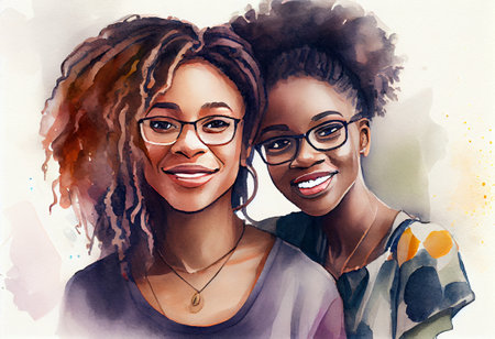 Middle aged black mum and daughter embracing and smiling to camera, watercolor style, generative aiの素材