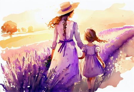 young mother and child girl enjoy in purple lavender field, watercolor style, generative aiの素材