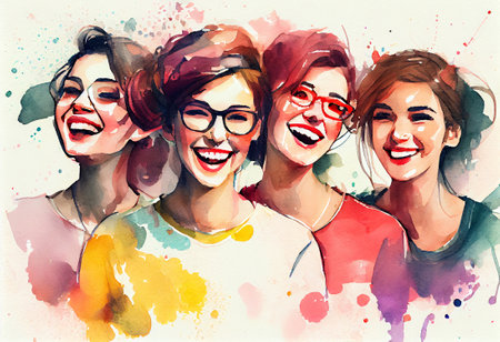 Group of happy laughing young women, watercolor style illustration, generative aiの素材