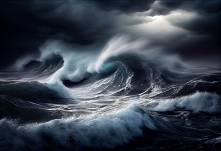 Waves curling over and breaking during cyclone with stormy sky, realistic ilustration, generative aiの素材