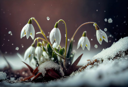 Snowdrop - blooming white flowers making their way from under the snow in spring, generative aiの素材
