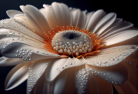 White gerbera flower macro shot of a water drops falling on a flower petals, generative aiの素材