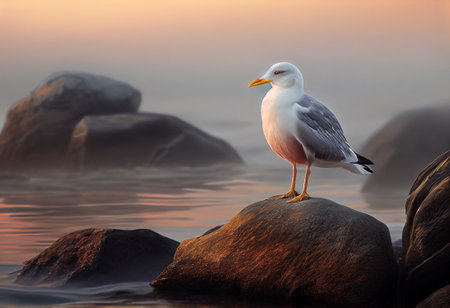 Seagull perched on the rock. Sea haze during sunrise. Generative aiの素材