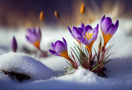 Crocuses - blooming purple flowers making their way from under the snow in spring, generative aiの素材