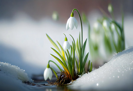 Snowdrop - blooming white flowers making their way from under the snow in spring, generative aiの素材