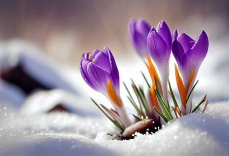 Crocuses - blooming purple flowers making their way from under the snow in spring, generative aiの素材