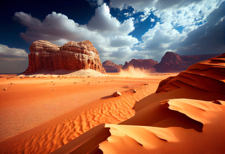 Clouds of sand blow around rocks in the midst of a vast sand desert, generative aiの素材