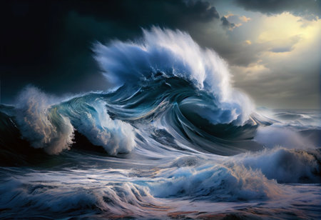 Waves curling over and breaking during cyclone with stormy sky, realistic ilustration, generative aiの素材