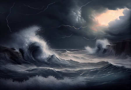 Waves curling over and breaking during cyclone with stormy sky, realistic ilustration, generative aiの素材