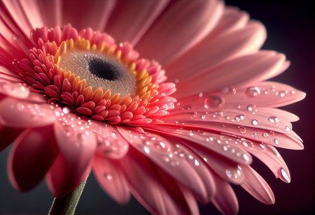Pink gerbera flower macro shot of a water drops falling on a flower petals, generative aiの素材
