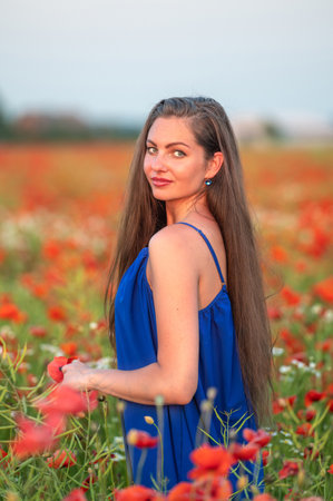 portrait of elegant young woman with long hair in poppy field in evening sunlightの写真素材
