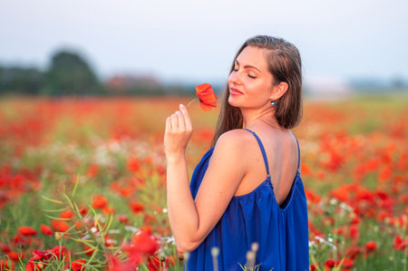 portrait of elegant young woman with long hair in poppy field in evening sunlightの写真素材