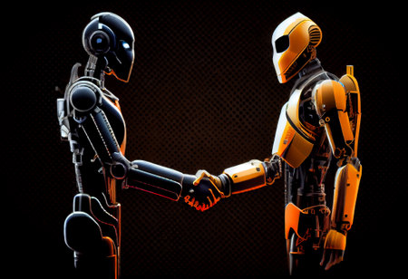Robot and artificial intelligence shaking hands to conclude a deal. future technology, generative aiの素材
