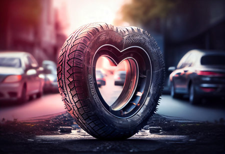 Car tire in heart shape on defocused traffic background, generative aiの素材