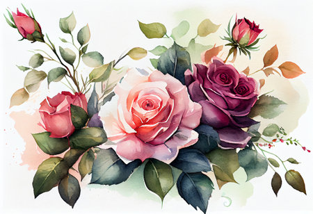 Watercolor rose flower bouquet over white background, generative aiの素材