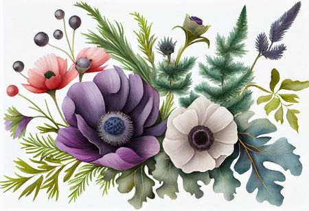 Floral watercolor arrangement with anemone and conifer branches over white background, generative aiの素材