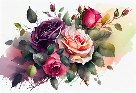 Watercolor rose flower bouquet over white background, generative aiの素材