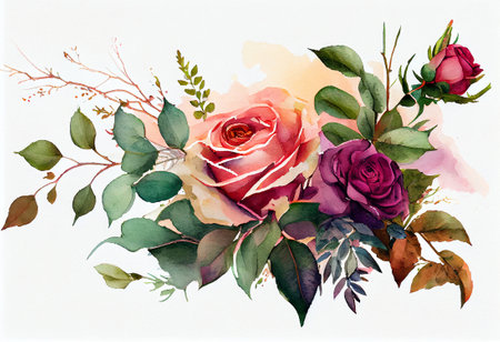 Watercolor rose flower bouquet over white background, generative aiの素材