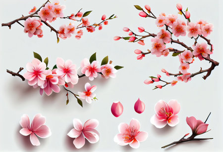 Set of beautiful sakura tree branches with pink flowers on white background, generative aiの素材