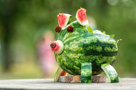 creative pig shaped fruit bowl made of watermelon, creativity concept, close-upの写真素材