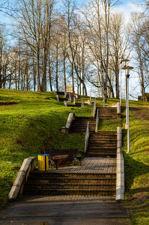 Modern multilevel stone staircase in the park, cement step walkwayの写真素材