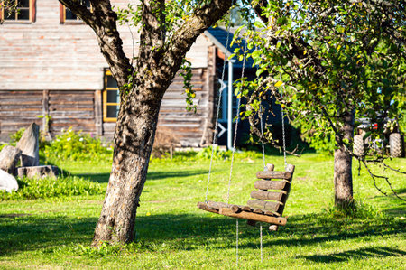 Garden old wooden swing in the backyard of a rural house.の写真素材