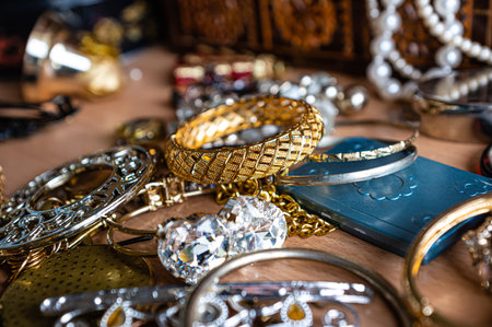 close-up of beautiful costume jewelry, earrings, beads, bracelets and ringsの写真素材