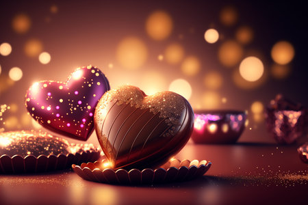 Heart shaped chocolate candies on the background of festive lights, Valentines day, Generative AIの素材