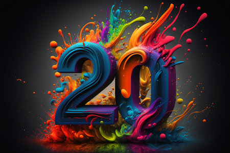 3D number 20 on color swirl, splash and explosion background, dynamic pattern, Generative AIの素材