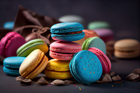 Set of colorful macaroons on dark background. French delicacy. generative aiの素材