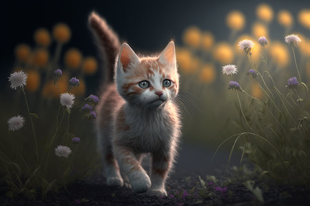 a little ginger kitten proudly walks among the flowers, realistic ilustration, Generative AIの素材