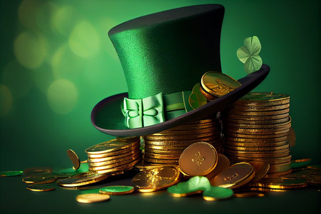 green top hat and pile of gold coins on shiny green background with copy space, generative aiの素材