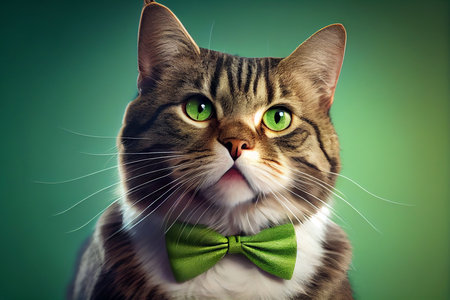Funny cat with bow tie over green background, generative aiの素材