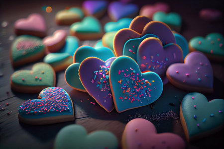 Valentines day heart shaped cookies, soft lighting, selective focus, generative aiの素材