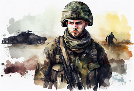 Ukrainian man in soldiers uniform on battlefield, watercolor style illustration, generative aiの素材