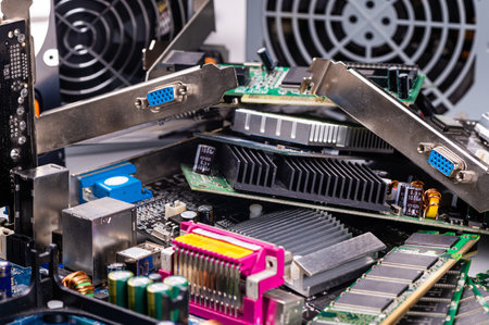 stack with various computer electrical boards and components, Repairing and upgrade concept, closeup