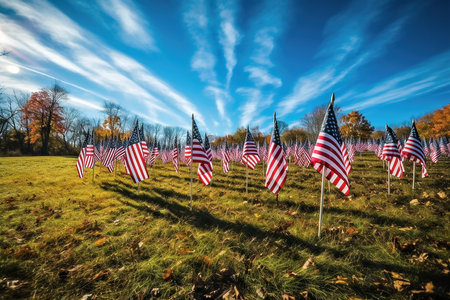 Green Field of veterans day american flags waving in the breeze, generative aiの素材
