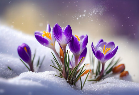Crocuses - blooming purple flowers making their way from under the snow in spring, generative aiの素材
