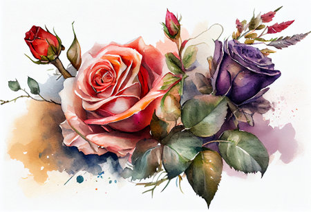Watercolor rose flower bouquet over white background, generative aiの素材