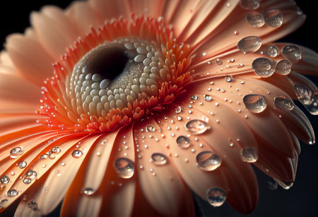 Gerbera Flower macro shot of a clear water drops falling on a flower petals, generative aiの素材